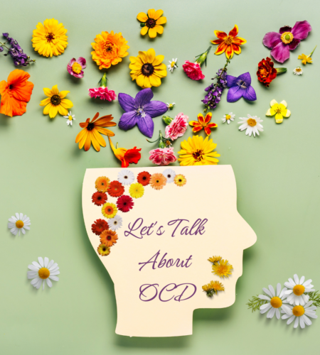 A cut out of a head with flowers popping out of the top of it. On the face it reads "Let's talk about OCD"